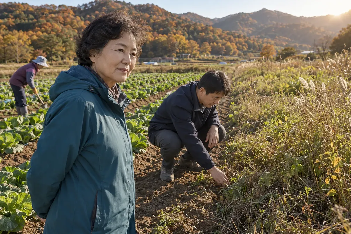 秋の野菜畑で年配の女性が立ち、男性が畝と草の茂った土地の境目を調べている。