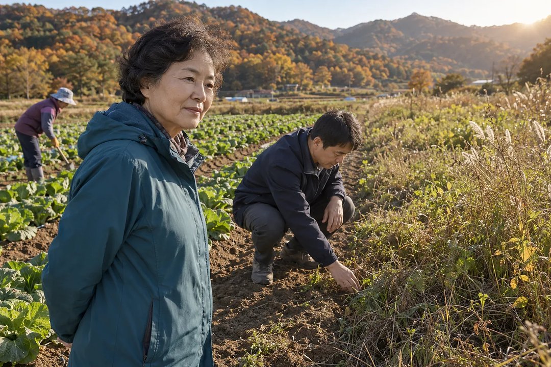 가을 채소밭에서 청록색 점퍼를 입은 여성이 서 있고, 남성이 경작지와 풀이 우거진 땅의 경계를 살핀다.