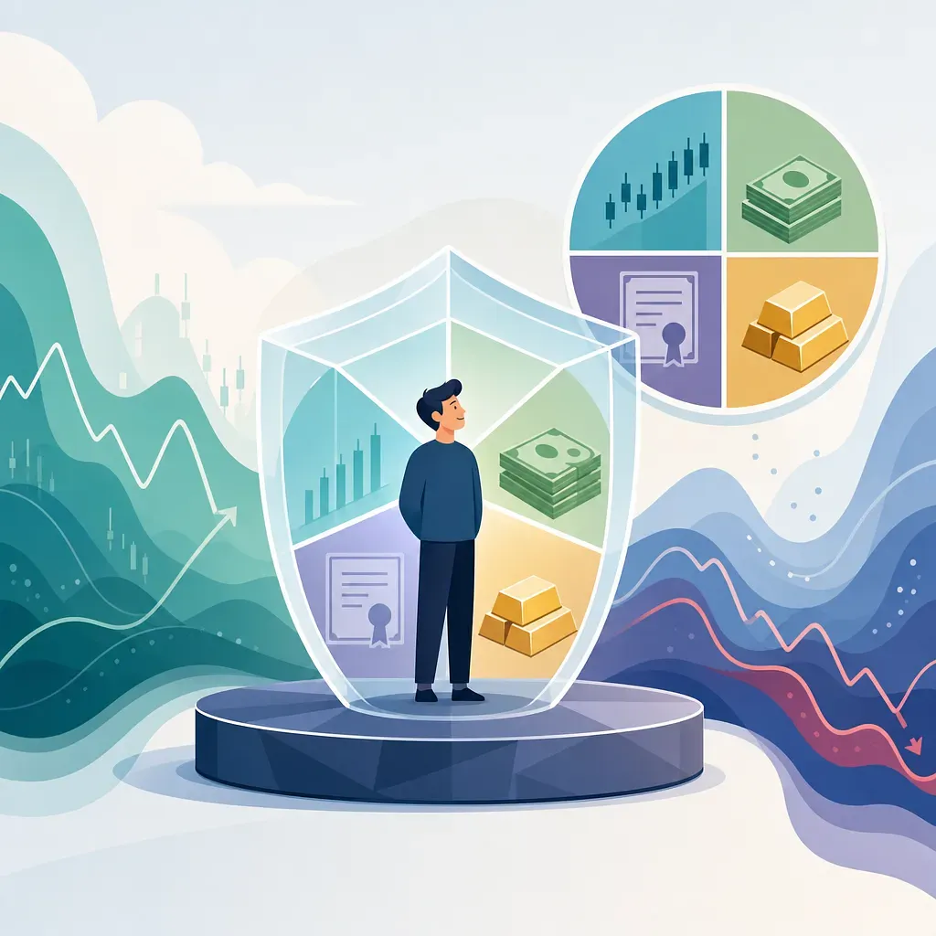 Inversor dentro de un escudo transparente con acciones, efectivo, bonos y oro entre gráficos volátiles