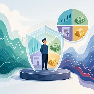 Inversor dentro de un escudo transparente con acciones, efectivo, bonos y oro entre gráficos volátiles