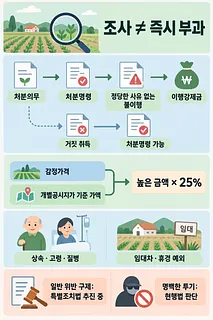 농지 조사와 처분명령 절차, 25% 이행강제금 산정 기준과 예외를 정리한 한국어 인포그래픽