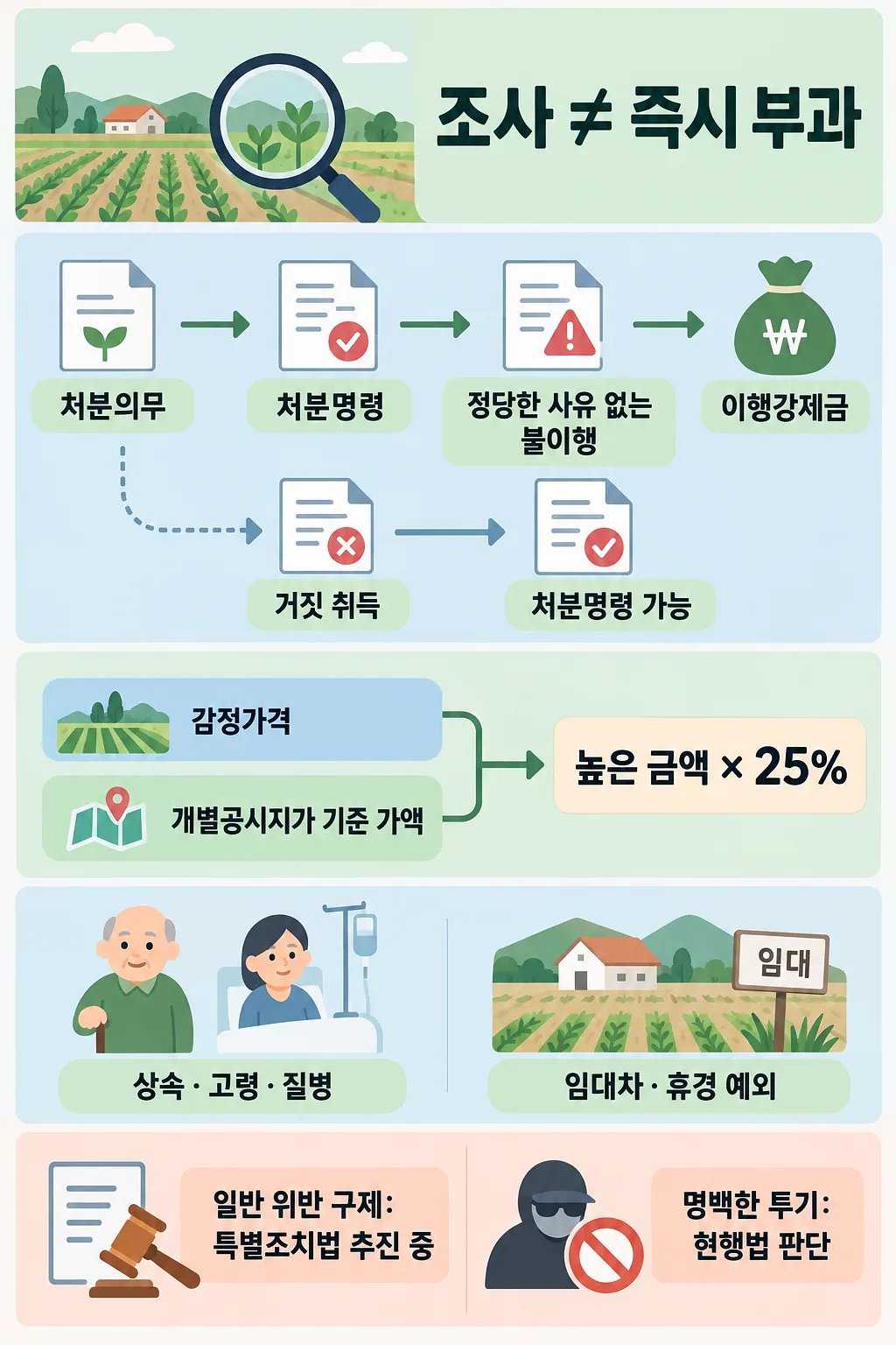 농지 조사와 처분명령 절차, 25% 이행강제금 산정 기준과 예외를 정리한 한국어 인포그래픽