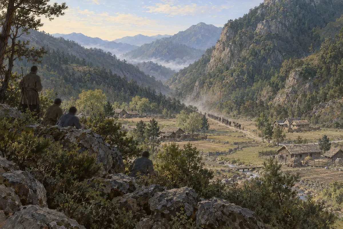 Historical painting of a column entering a mountain valley as figures wait behind rocks above the hamlets