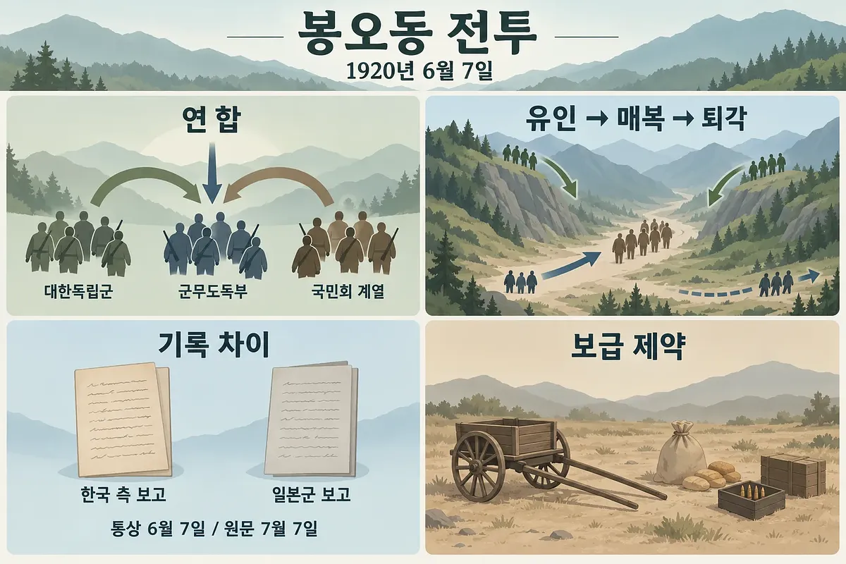 연합 부대, 골짜기 유인·매복, 서로 다른 전투보고, 보급 제약을 네 칸에 담은 봉오동 전투 인포그래픽