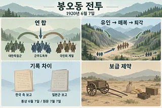 연합 부대, 골짜기 유인·매복, 서로 다른 전투보고, 보급 제약을 네 칸에 담은 봉오동 전투 인포그래픽