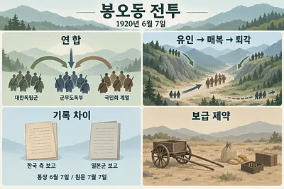 연합 부대, 골짜기 유인·매복, 서로 다른 전투보고, 보급 제약을 네 칸에 담은 봉오동 전투 인포그래픽