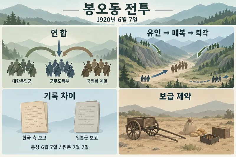 Four-panel Bongodong Battle infographic showing allied units, a valley ambush, differing reports and limited supplies