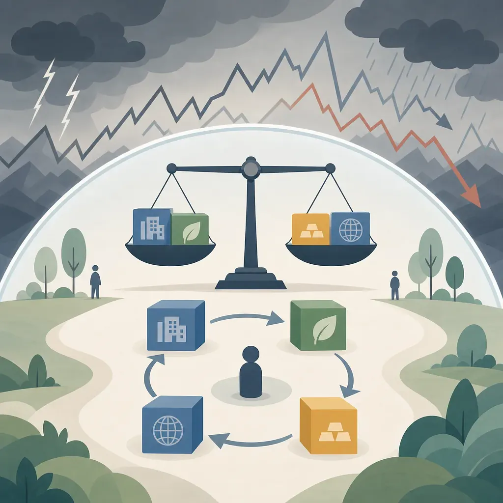 Balanced asset allocation scales and rotating investment blocks before stormy market charts