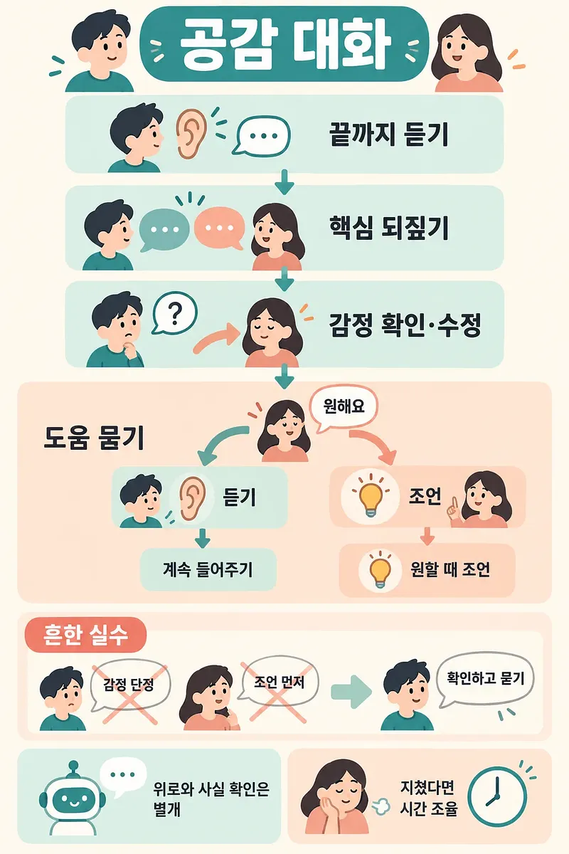 共感的な対話の聞き方、助け方の選択肢、よくある間違いを示す図解