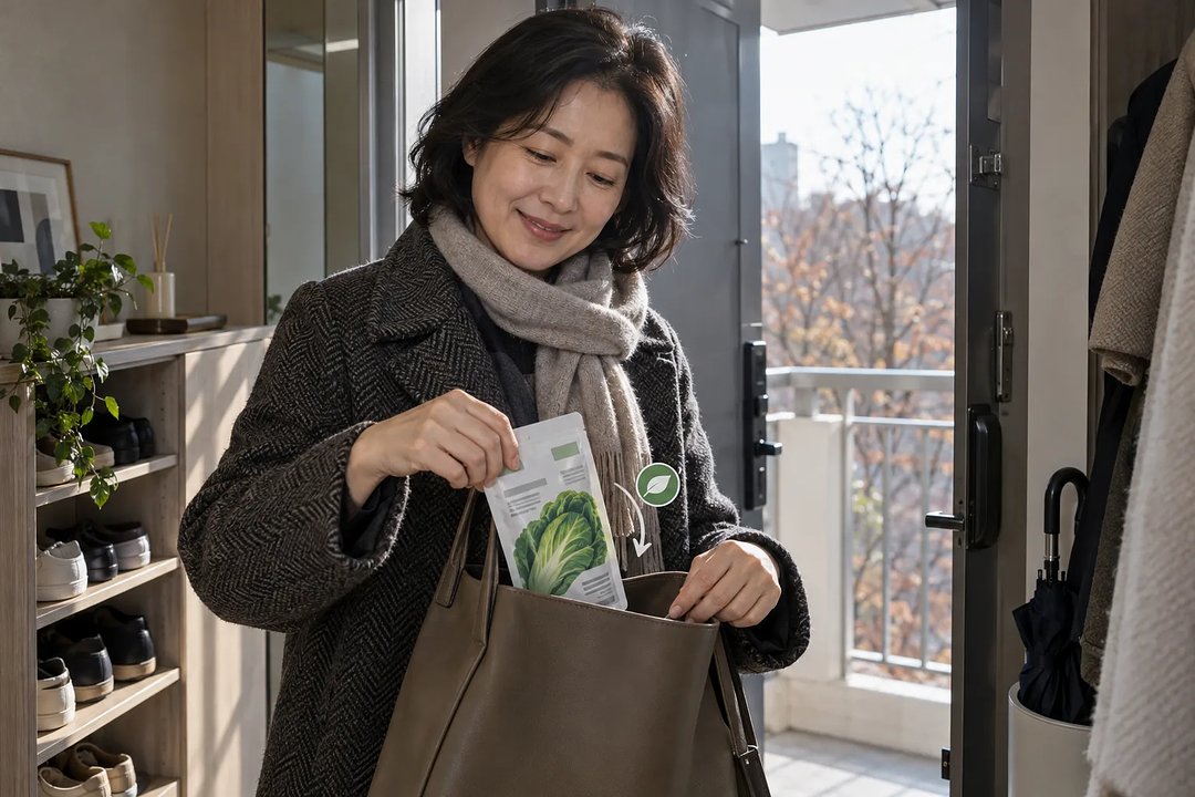 코트와 목도리를 한 여성이 현관에서 양배추 그림이 있는 즙 파우치를 가방에 넣고 있다.