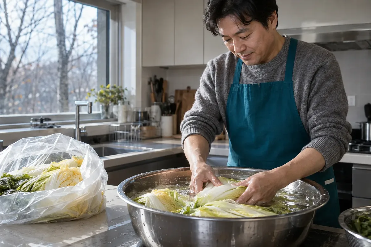 A man in a teal apron washes brined napa cabbage by hand in a basin of water in a kitchen.