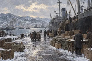 Workers unload wooden crates from a ship onto a snowy pier, beside folded canvas and cargo sheets.