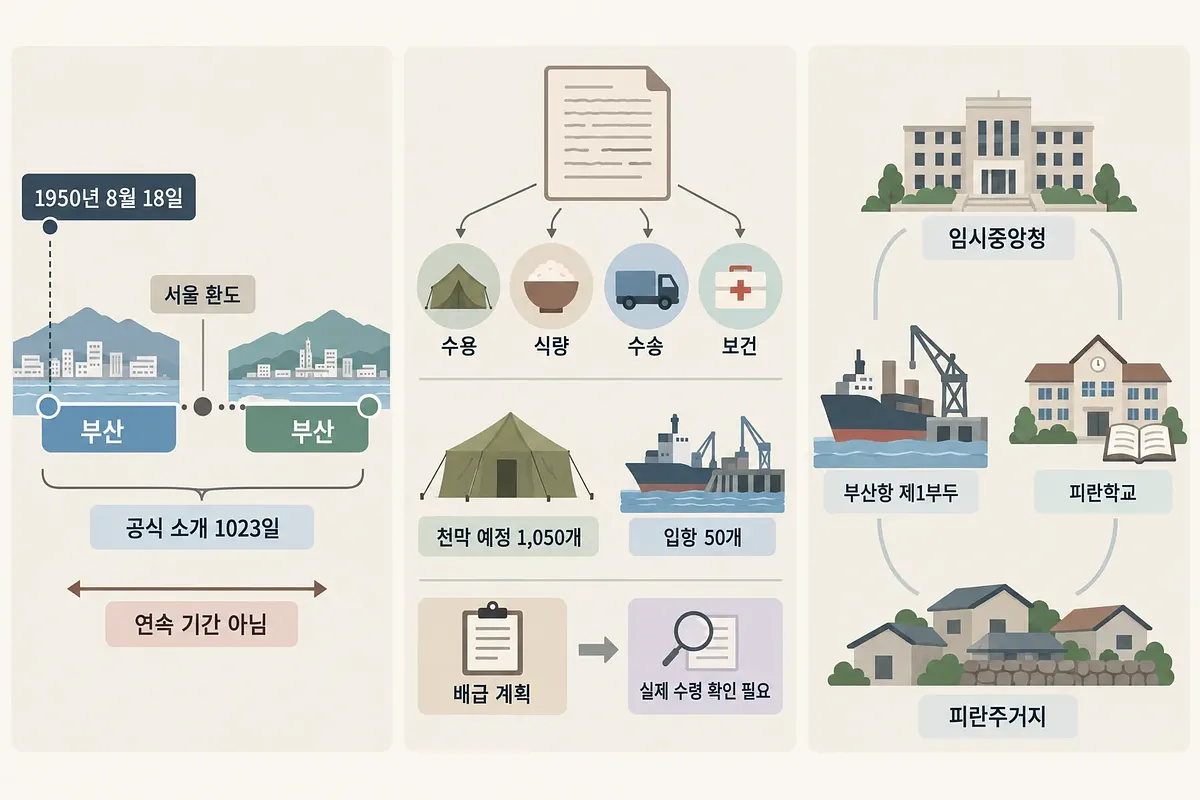 서울 환도를 사이에 둔 두 부산 시기, 구호 업무 네 분야, 임시중앙청·부두·주거지를 나란히 그린 도표