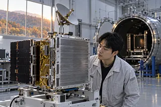 An engineer examines a small satellite with a radiator, solar panel and antenna in a test facility.