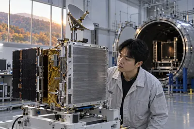 試験施設で、技術者が放熱板、太陽光パネル、アンテナを備えた小型衛星を調べている。