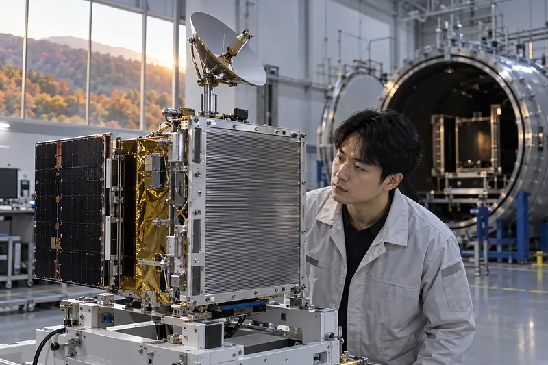 Un ingeniero examina un pequeño satélite con radiador, panel solar y antena en una instalación de pruebas.