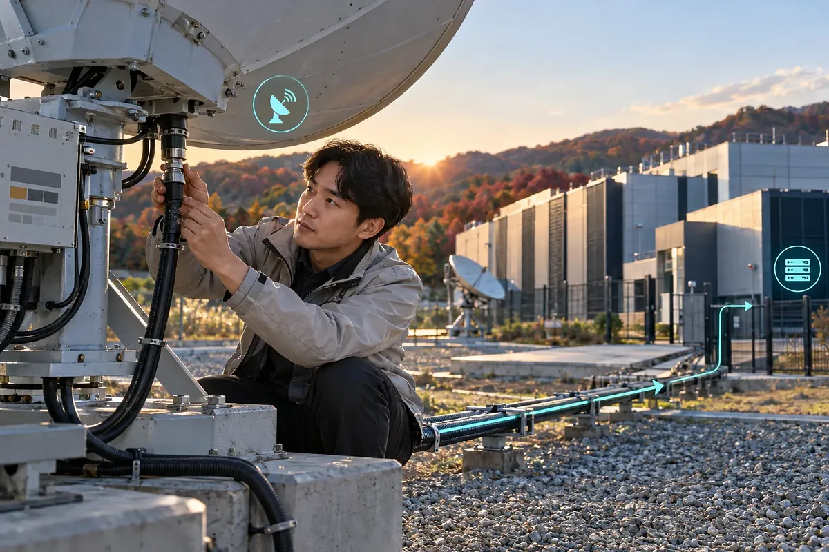 データセンターの隣で衛星アンテナの下のケーブル接続を点検する技術者
