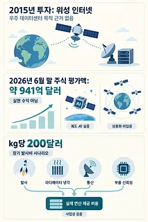 위성 인터넷 투자, 주식 평가액, 궤도 AI 실증과 발사·냉각·통신·부품 신뢰성을 정리한 인포그래픽