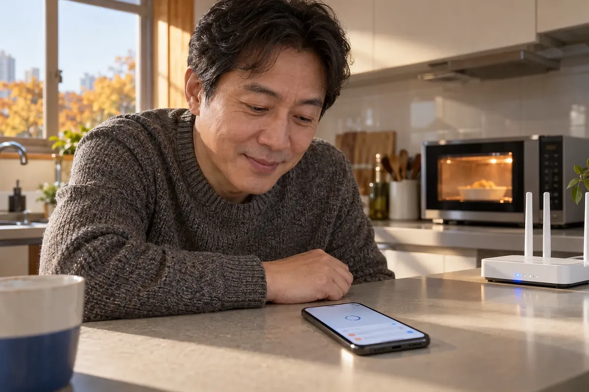 A man checks a phone on the kitchen counter near a lit microwave and a Wi-Fi router.