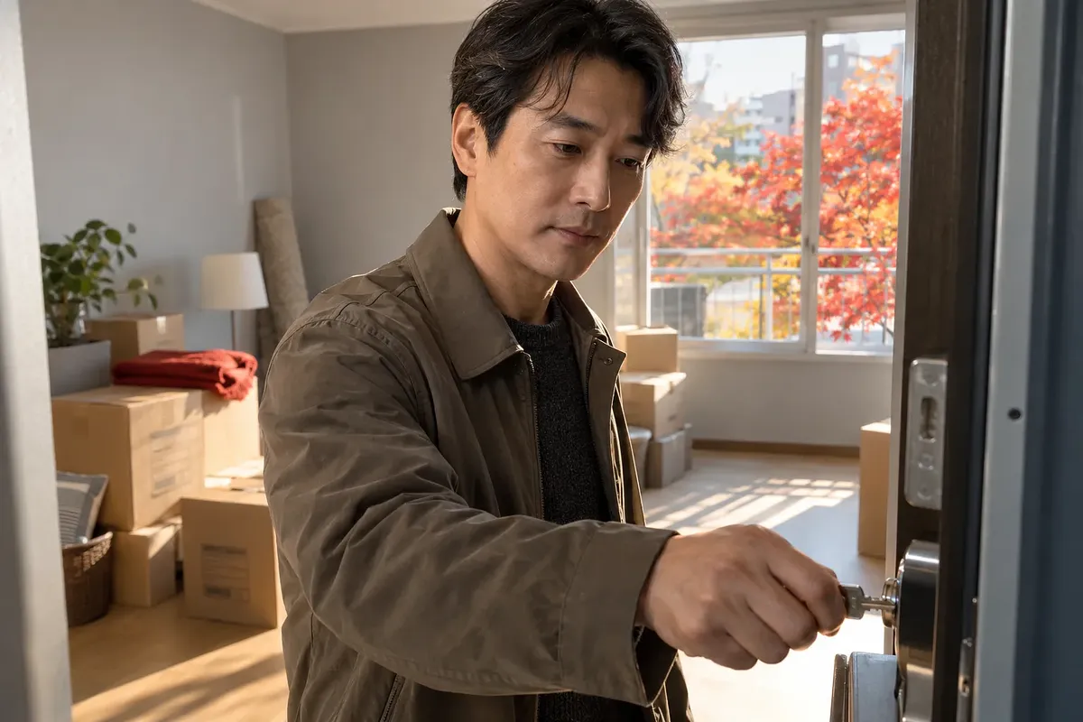 引っ越しの箱が置かれた部屋の玄関で鍵を回す中年男性。窓の外には紅葉が見える。