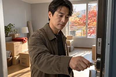 Un hombre de mediana edad gira la llave de un apartamento con cajas de mudanza dentro y árboles otoñales al fondo.