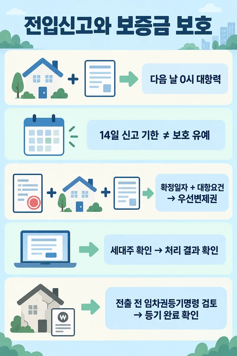 전입신고와 보증금 보호를 제목으로, 신고 시점부터 임차권등기명령까지 다섯 항목을 정리한 인포그래픽
