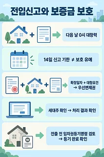 전입신고와 보증금 보호를 제목으로, 신고 시점부터 임차권등기명령까지 다섯 항목을 정리한 인포그래픽
