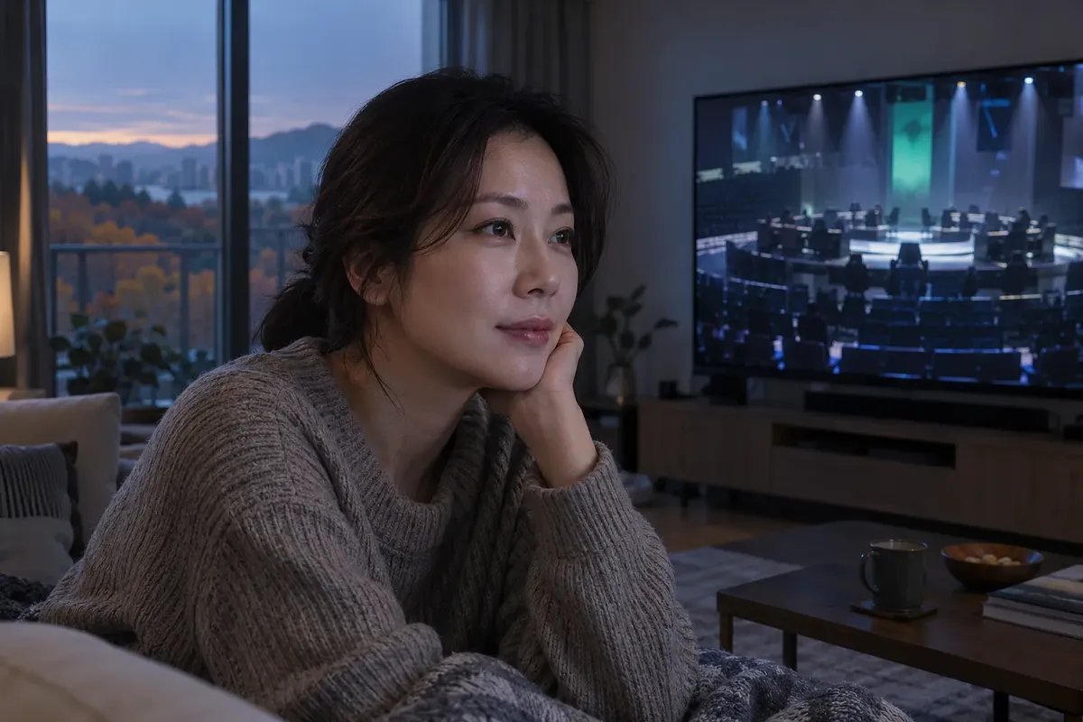 새벽 아파트에서 니트 차림의 여성이 경기장 화면이 나오는 TV를 바라본다.