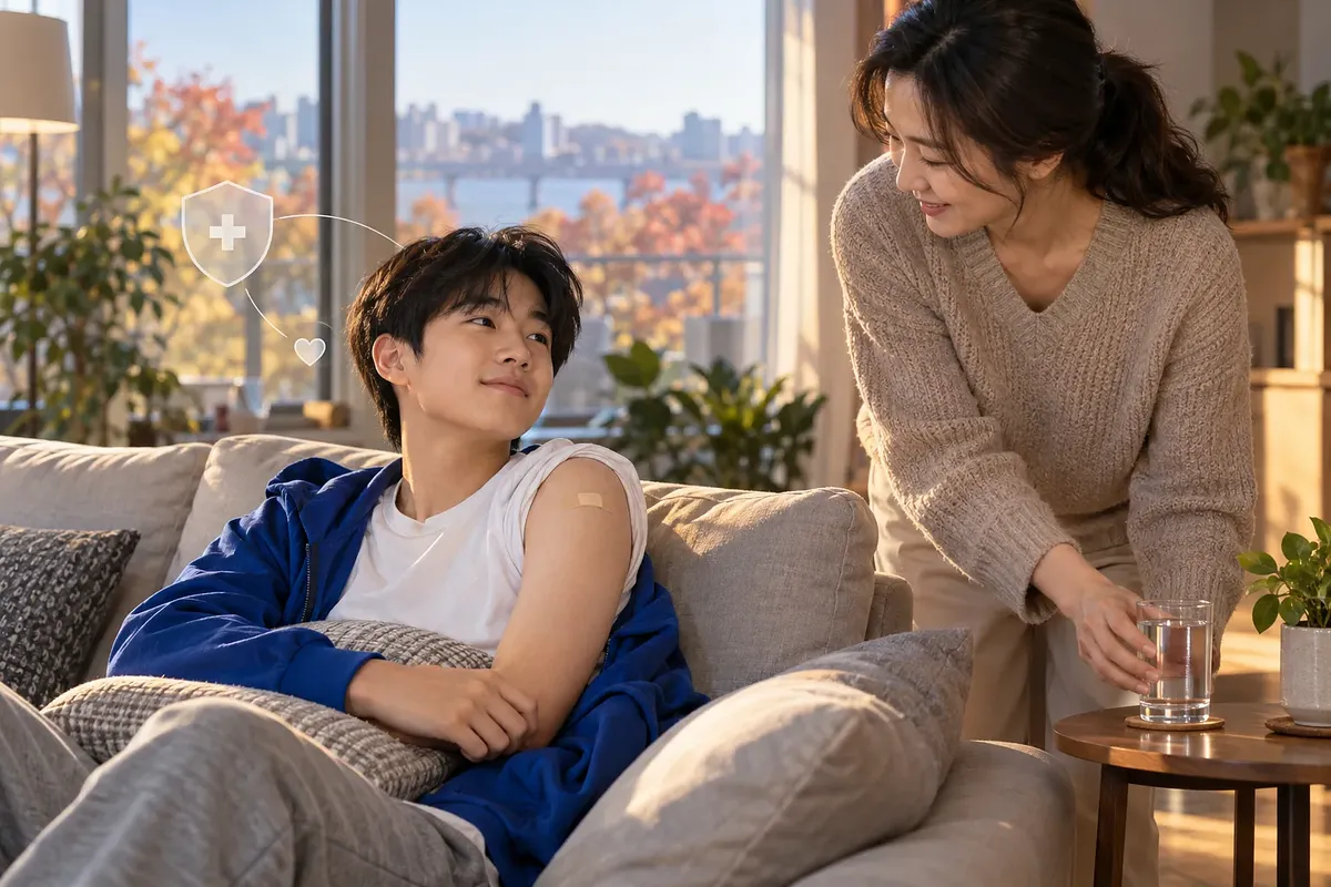 팔에 작은 반창고를 붙인 소년이 소파에서 쉬고, 어머니가 곁에 물컵을 놓는다.