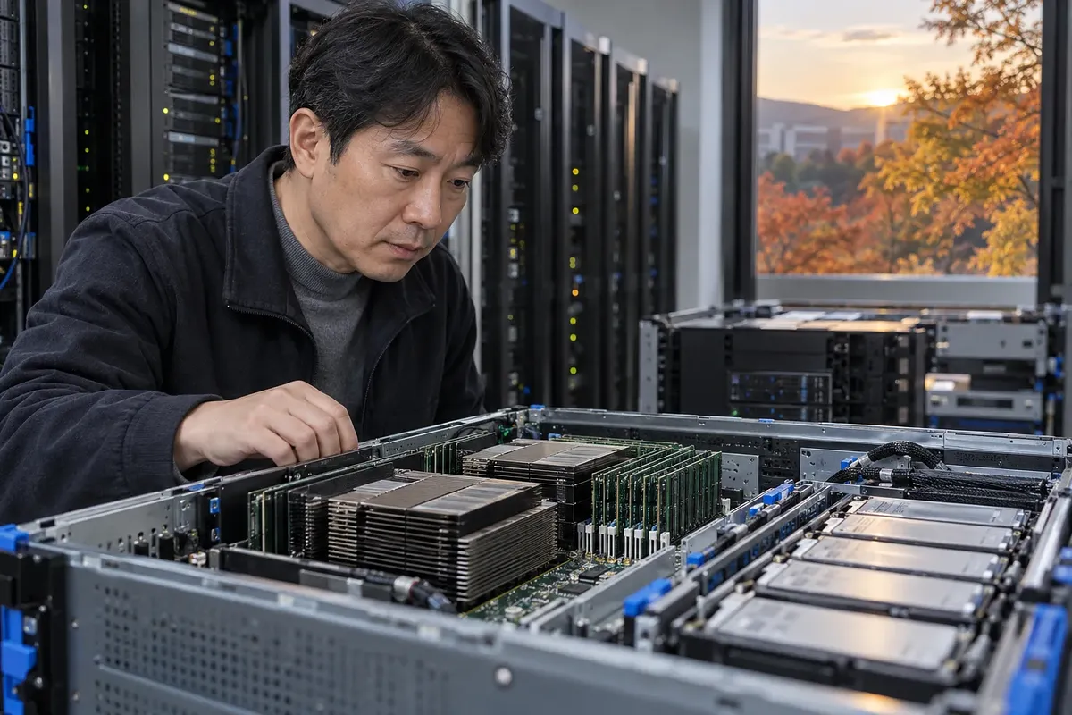 An engineer examines an open server with memory modules and SSD bays visible.