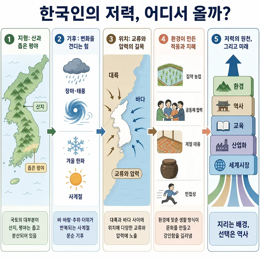한국인의 저력의 배경을 지형, 기후, 위치, 적응, 미래로 나눈 5단 인포그래픽