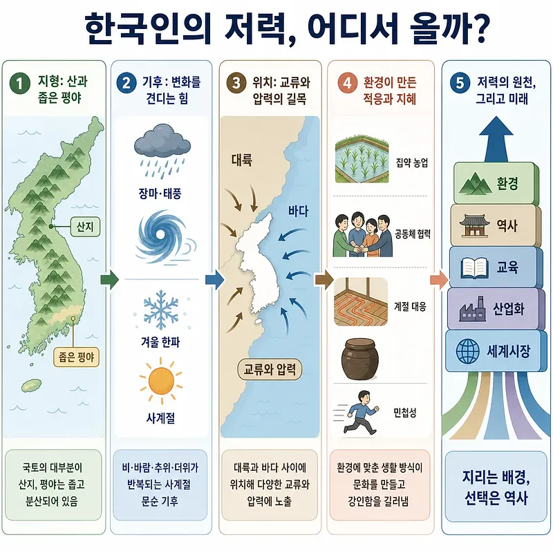 Infografía coreana de cinco paneles sobre geografía, clima, ubicación, adaptación y resiliencia