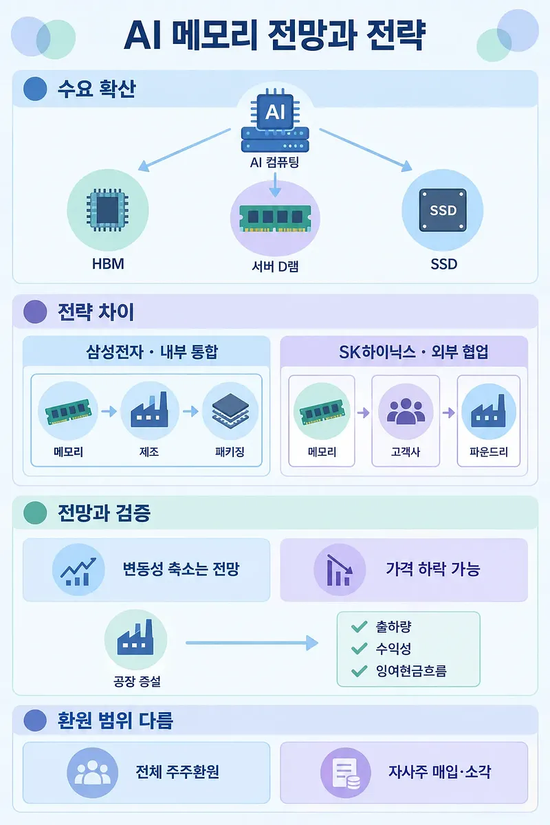 Infographic comparing AI memory demand, Samsung and SK hynix strategies, market outlook and shareholder returns