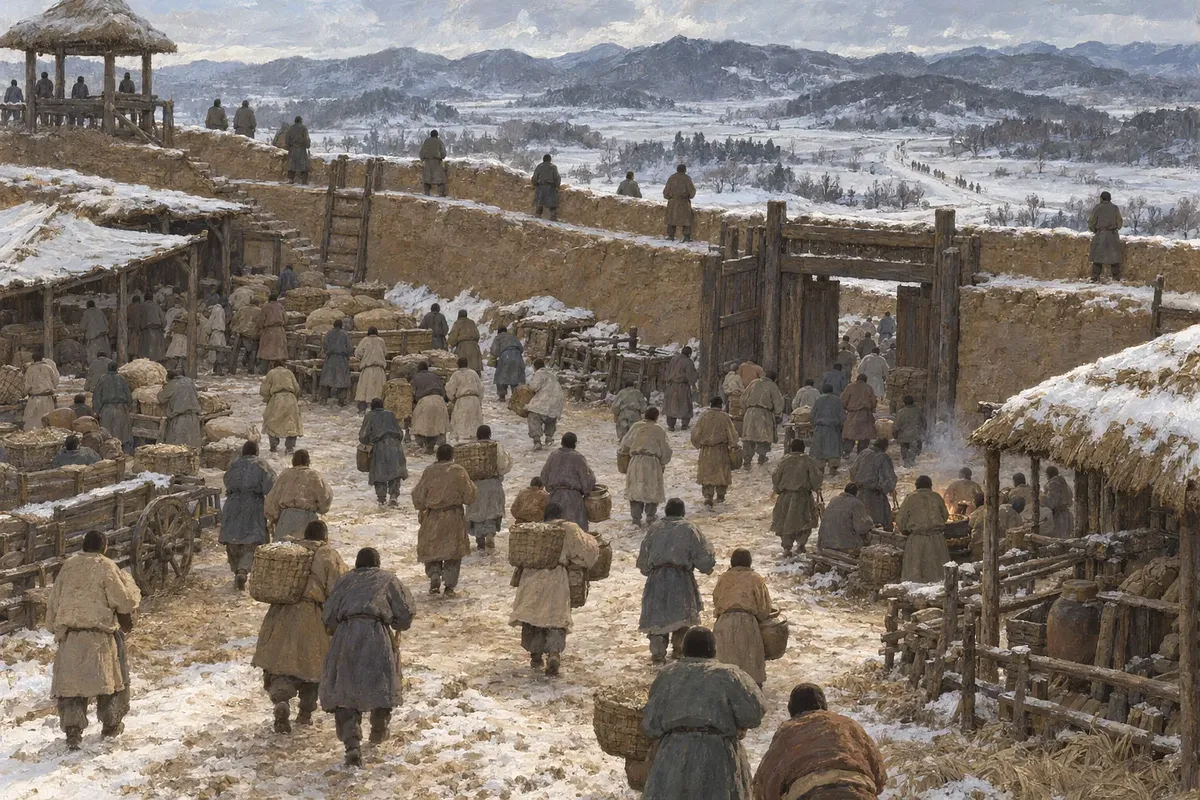 Habitantes llevan cestas por una fortaleza nevada mientras otros vigilan desde el terraplén.