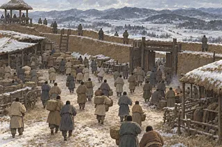 雪の積もる城内で住民が籠を運び、土塁の上から外を見張っている。