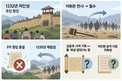 처인성의 주민 항전과 몽골군 철수, 재침입, 기록상의 의문점을 네 칸에 정리한 인포그래픽