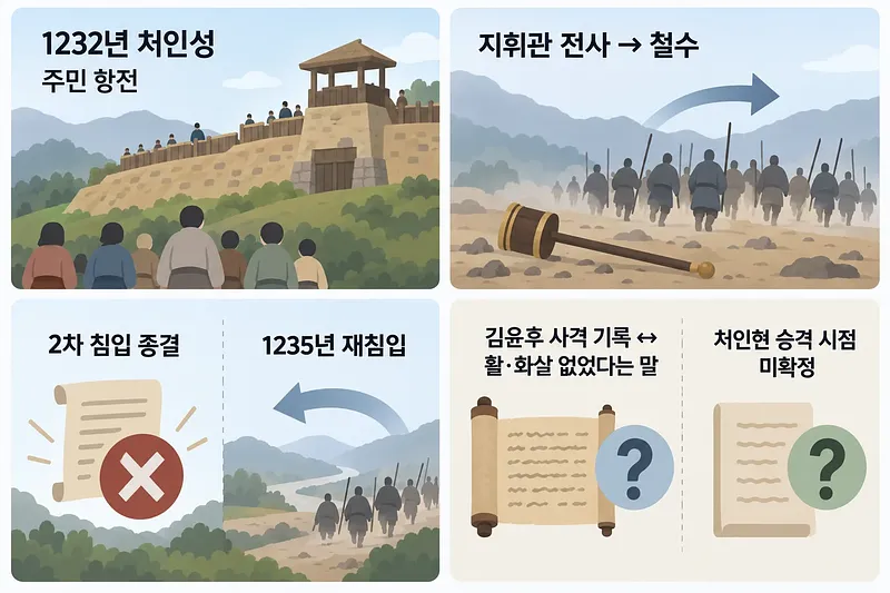 처인성의 주민 항전과 몽골군 철수, 재침입, 기록상의 의문점을 네 칸에 정리한 인포그래픽