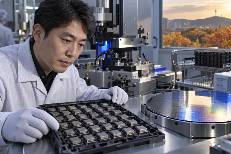 半導体施設で、手袋を着けた技術者がシリコンウエハーの横に並ぶ積層メモリーチップを調べている。