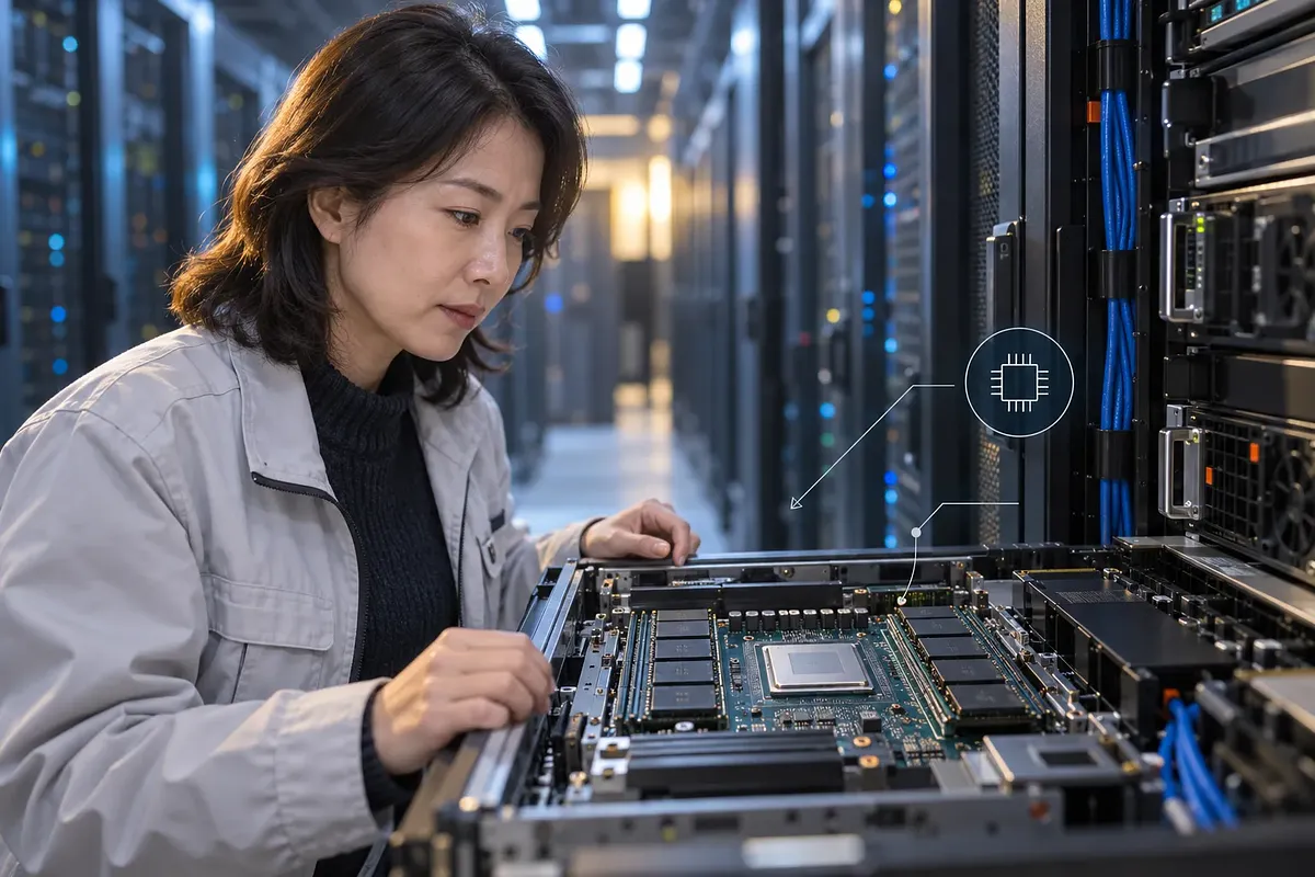 データセンターで技術者が開いたサーバーのプロセッサーと周囲のメモリチップを調べている。