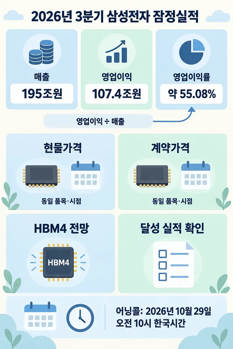 サムスン電子の2026年7～9月期の暫定業績、価格比較の基準、HBM4の見通し、決算説明会をまとめた図解