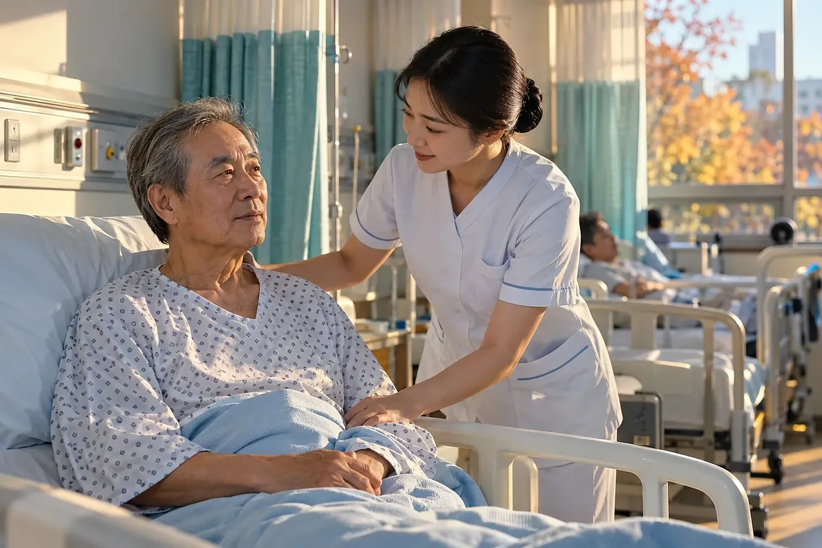 A nurse checks on an older man sitting up in a hospital bed, with other beds in the background.