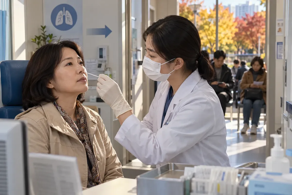 호흡기 진료실에서 마스크를 쓴 의료진이 앉아 있는 여성의 코에서 검체를 채취한다.