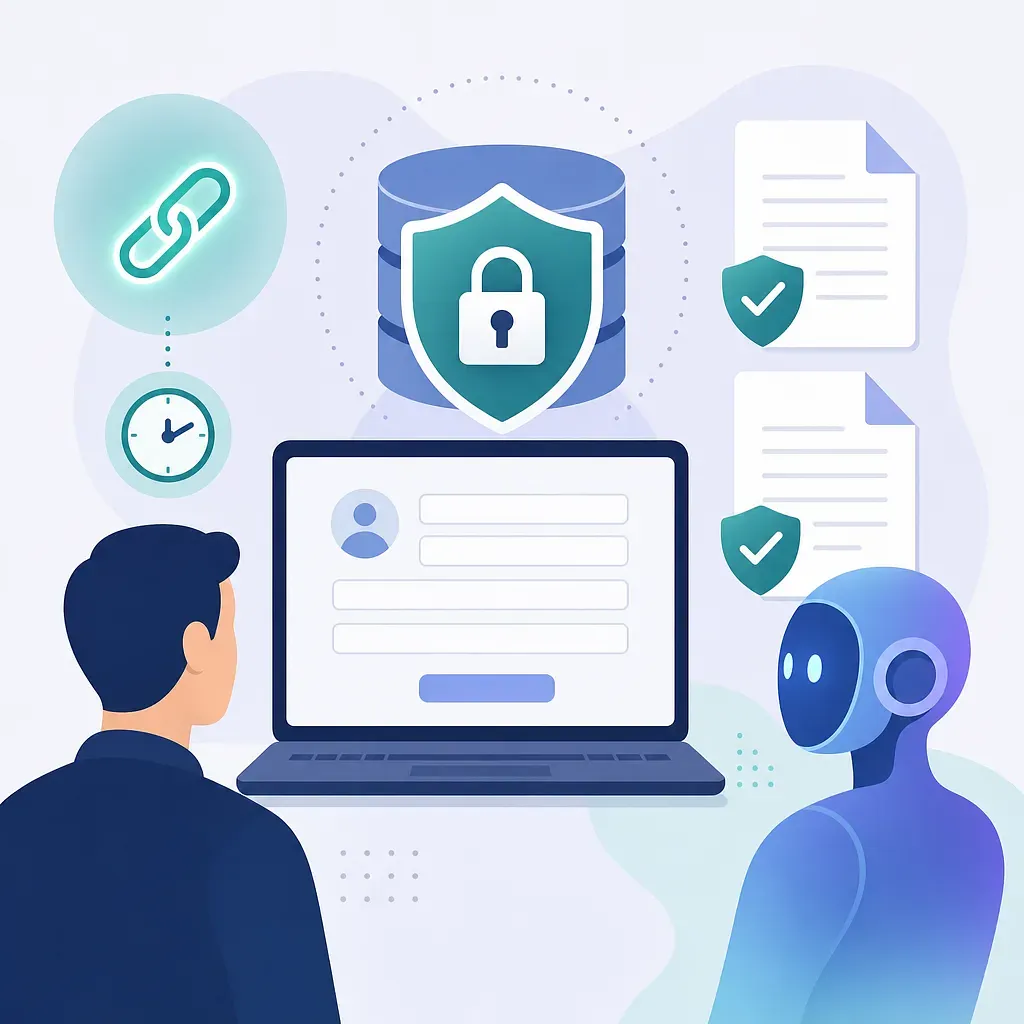 Person and AI robot reviewing a laptop sign-up form with security and compliance icons