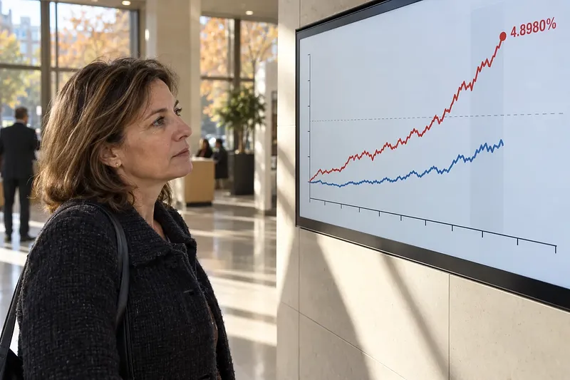 Una mujer observa en el vestíbulo de un banco una gráfica cuya línea roja sube por encima de la azul hasta el 4,8980 %.