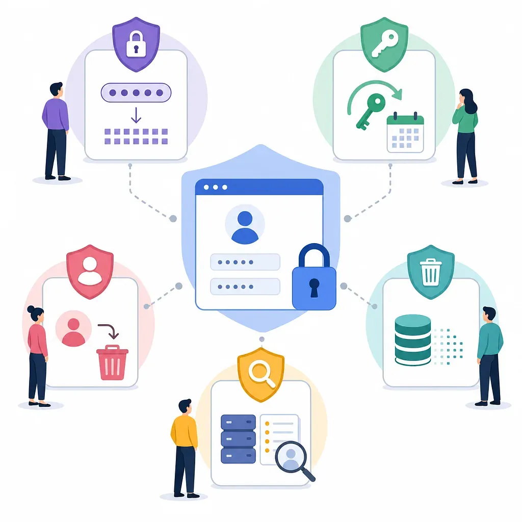 Signup form with a lock, linked to password, key, deletion, data, and audit icons