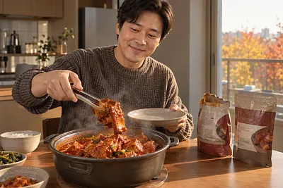 A man lifts a spicy braised pork rib from a steaming pot, with an opened pouch and a sealed pouch nearby.