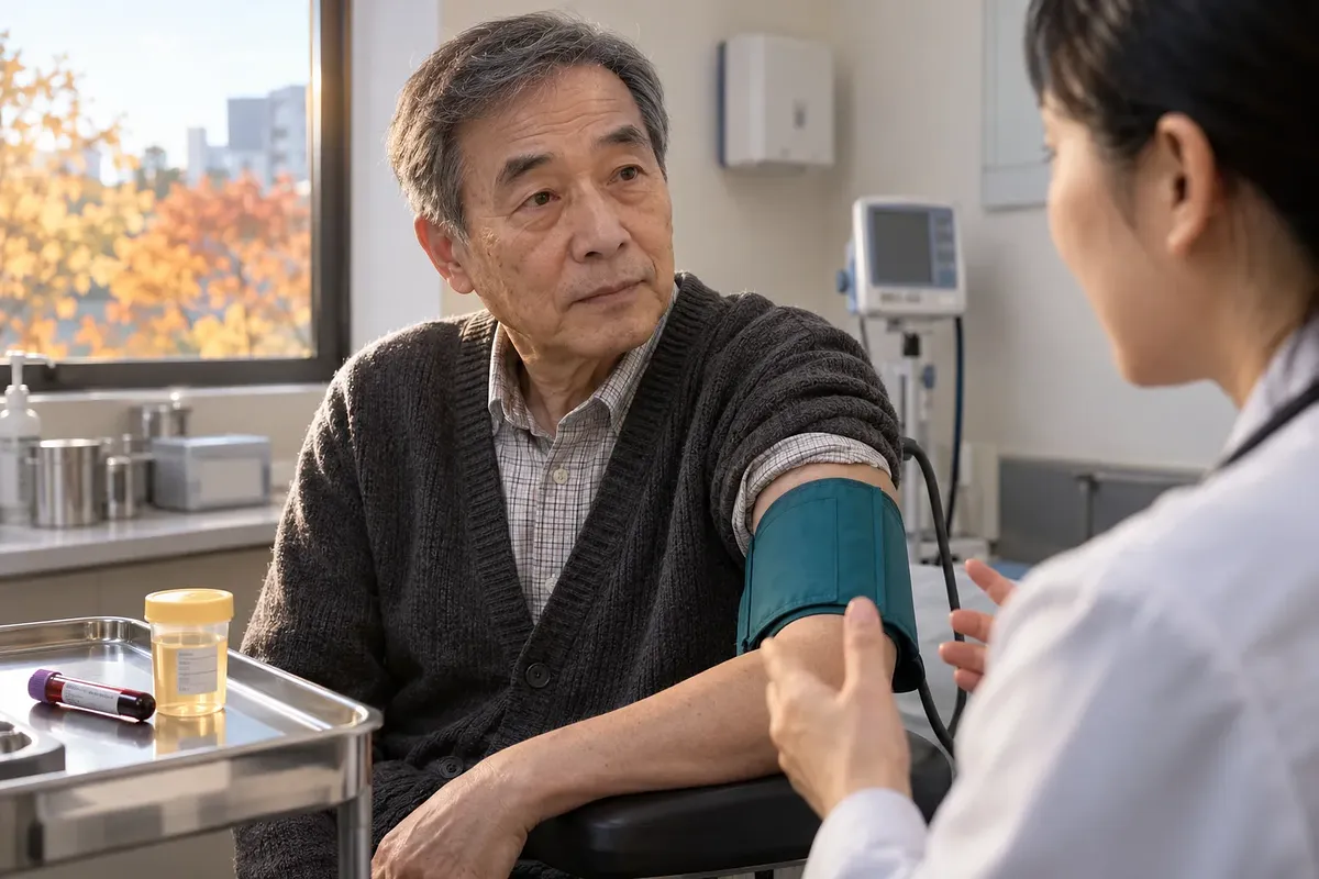 An older man wearing a blood pressure cuff speaks with a clinician; blood and urine samples sit on a nearby tray.