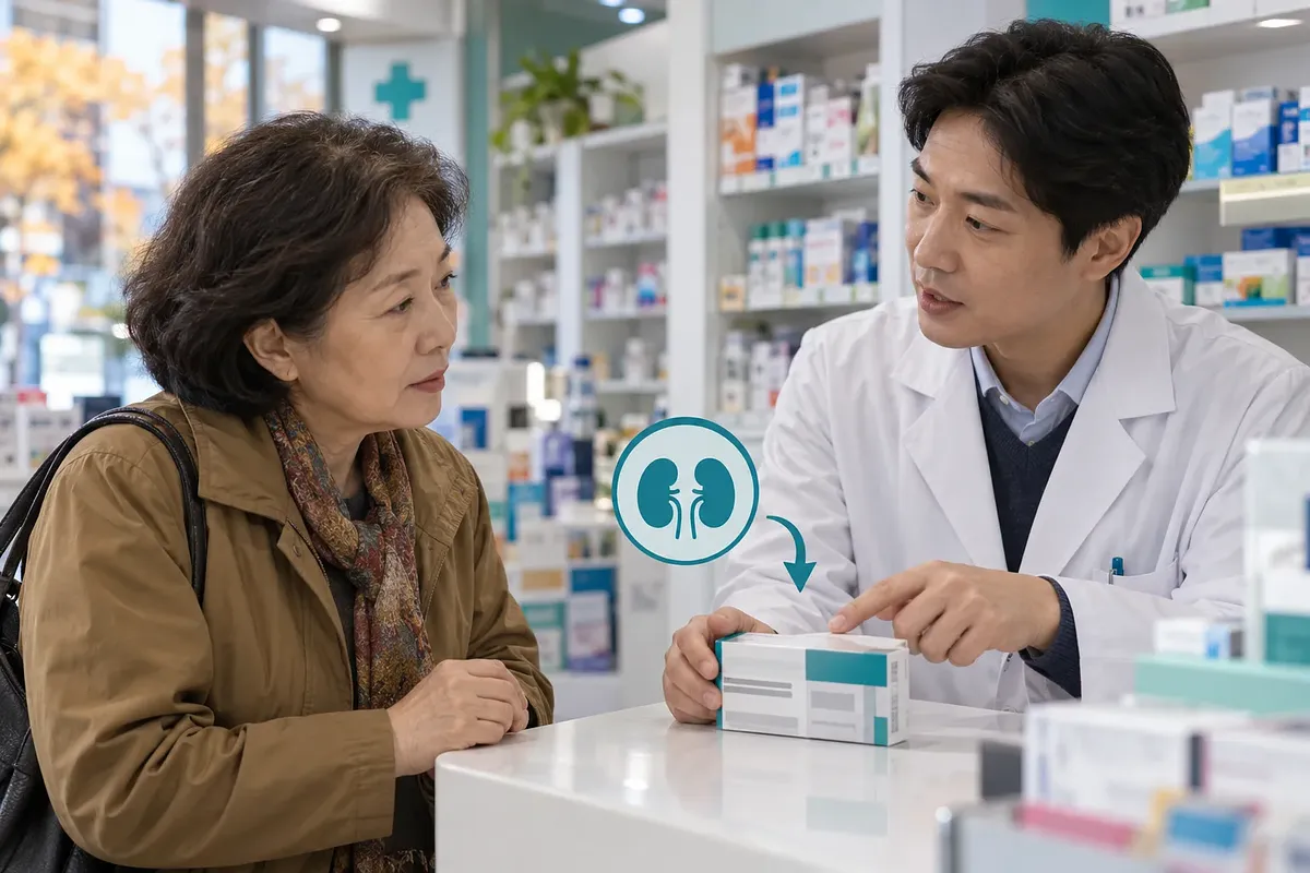 Un farmacéutico señala una caja de medicamento sobre el mostrador mientras habla con una mujer mayor.