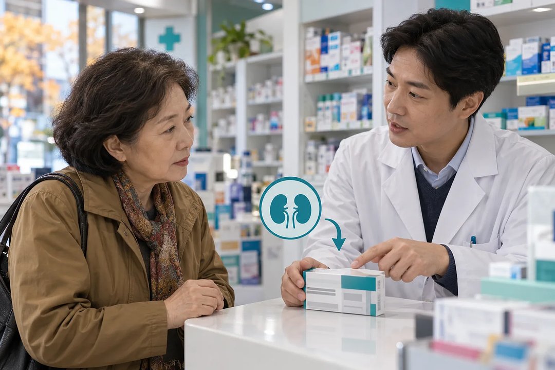 약국에서 약사가 계산대 위 약 상자를 가리키며 나이 든 여성에게 설명한다.