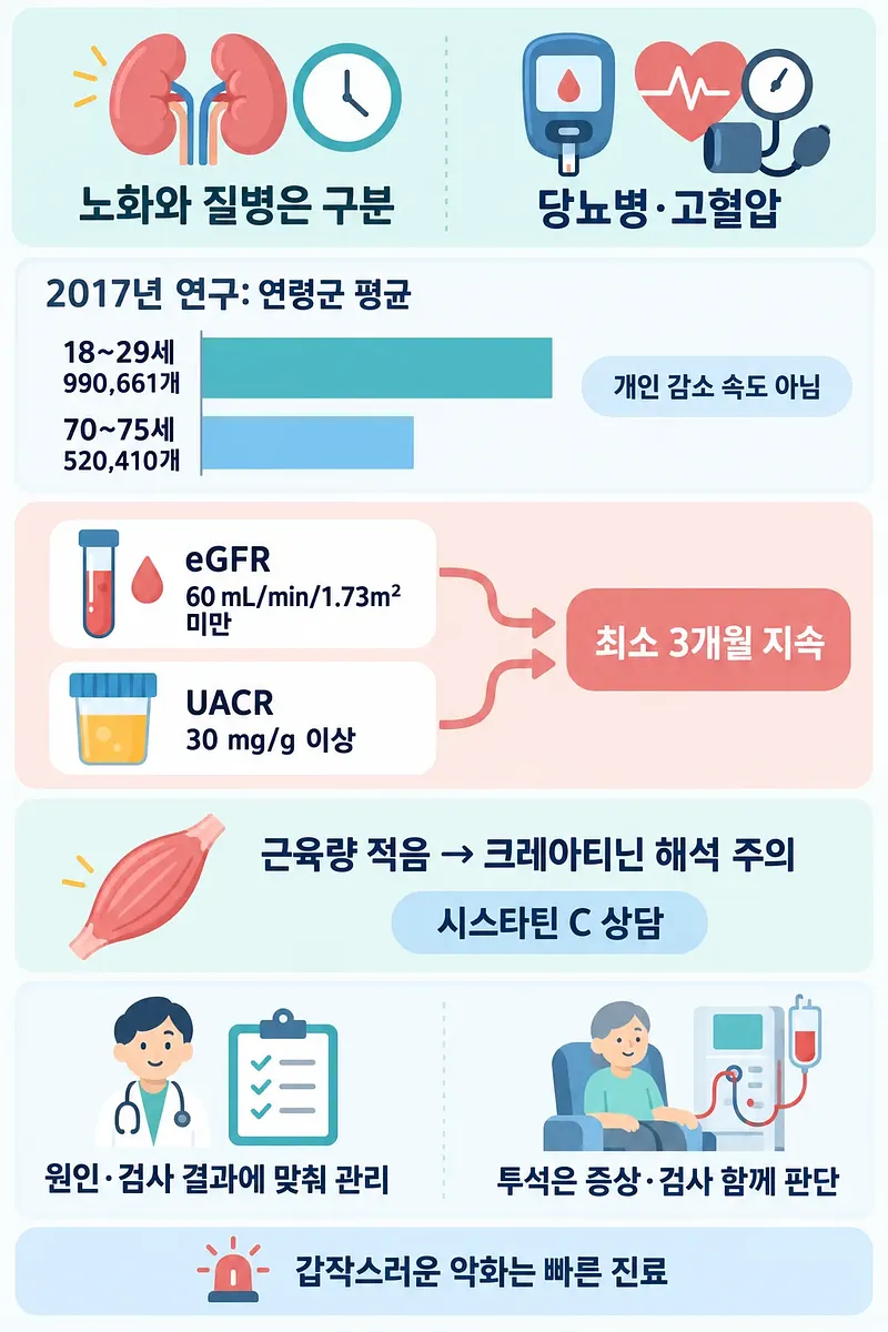 加齢と糖尿病・高血圧、年齢別のネフロン数、検査基準、透析の判断をまとめた腎臓の図解